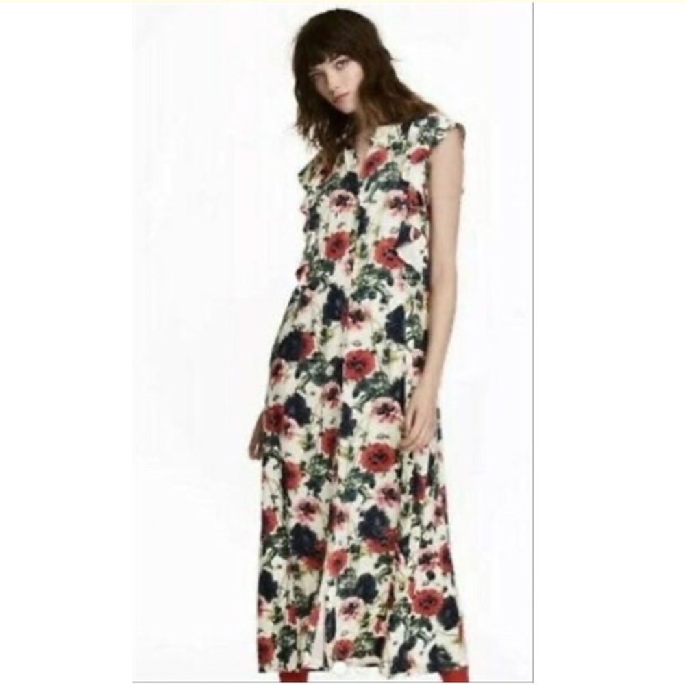 H&M Cream Floral Midi Dress with Red & Navy Blooms